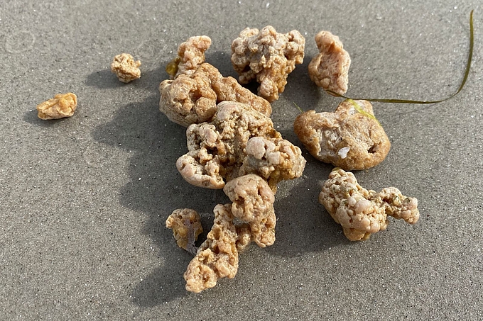 Braungelbe Paraffin-Klumpen am Strand