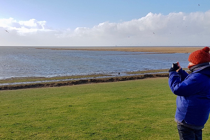 Freiwillige blickt auf die See vor Friedrichskoog