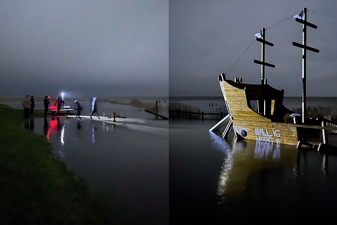 Collage zweier Bilder der Flut am Rand einer Warft Collage zweier Bilder der Flut am Rand einer Warft