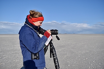 Vogelzählerin mit Fernrohr und Notizbuch auf dem Japsand