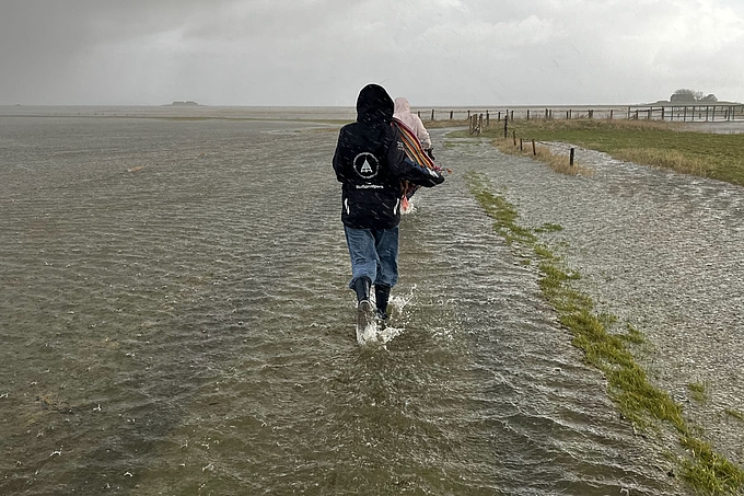 Freiwillige im flachen Wasser