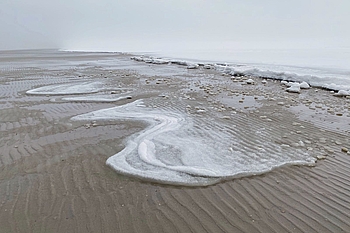 Dünne Eisschicht an der Hochwasserlinie