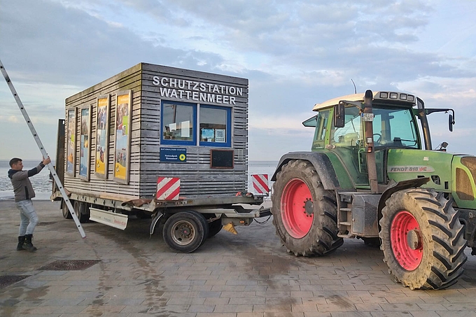 Der Container auf einem Flachwagen hinter einem Trecker