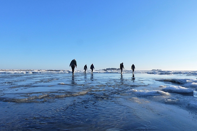 Wattwanderer zwischen Eisschollen auf dem Weg nach Hooge