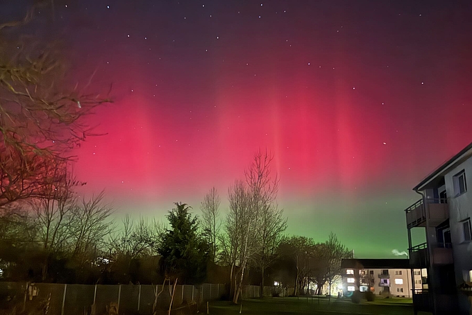 Rote Vorhänge im Norden über Husum
