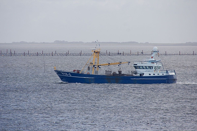 Muschelfangschiff mit Pfeilern und Schwimmrohren der Saatmuschelanlagen