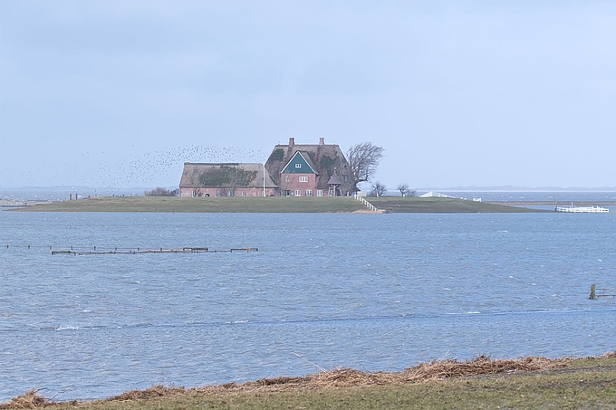 Die Kirchwarft auf Hooge nach Sturm Zeynep