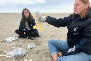 Freiwillige mit Müllteilen im Sand