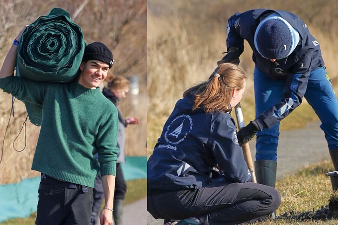 Freiwilliger trägt Zaunbahn