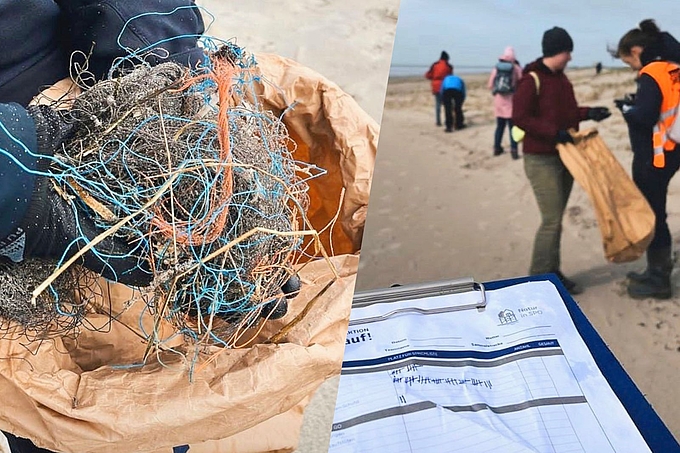 Fotomontage: Schnurknäuel und Menschen mit Strichliste am Strand