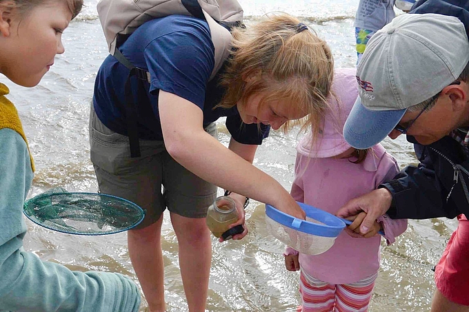 Freiwillige und Kinder auf dem Watt