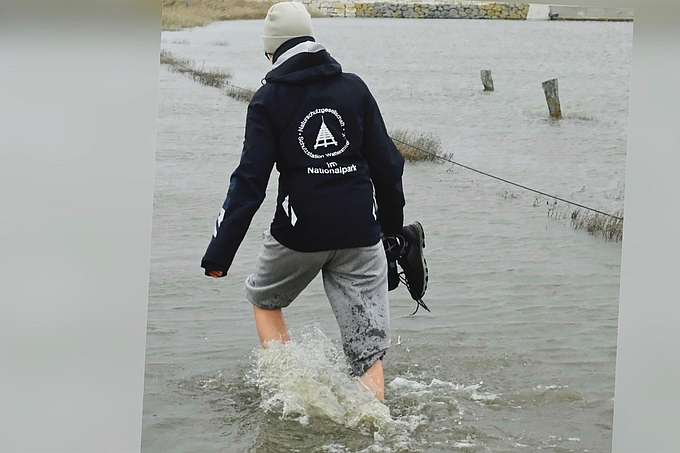 Freiwillige barfuß in flachem Wasser