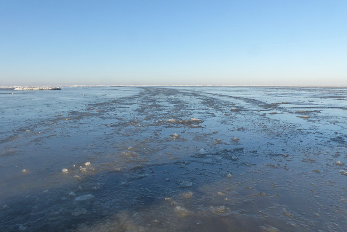 Spuren der Wattwandergruppe im dünnen Eis
