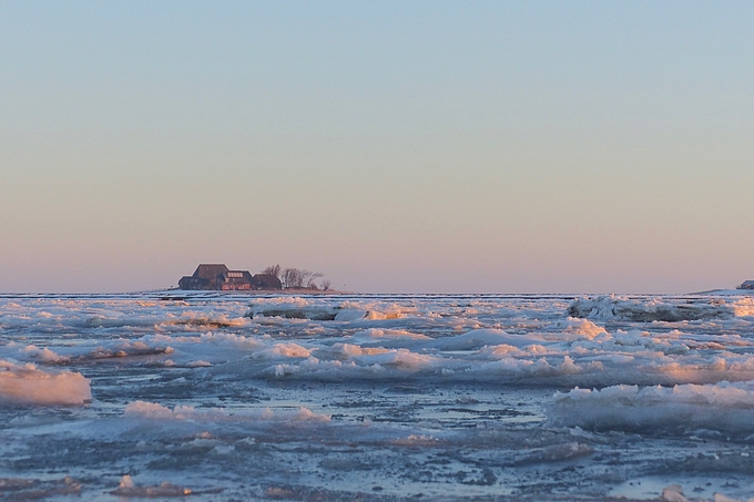 Eisschollen und Hallig Hooge im ersten Sonnenlicht