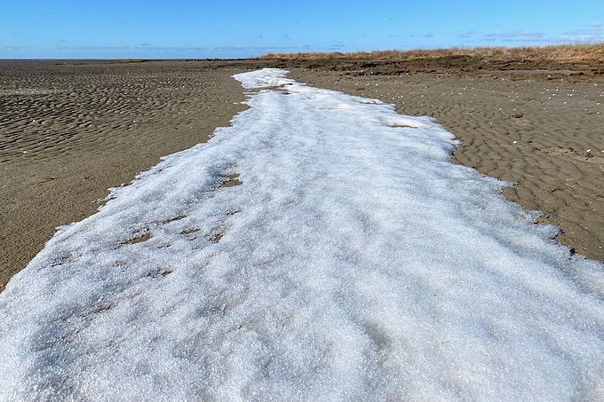 Schneesaum auf dem Watt unter blauem Himmel