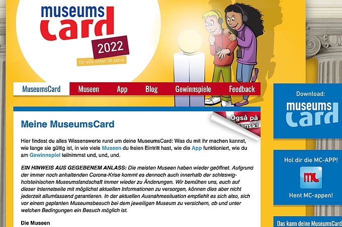 Ausschnitt der Webseite der MuseumsCard 2022