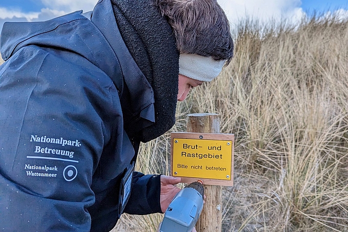 Freiwillige schraubt Schild an Pfahl